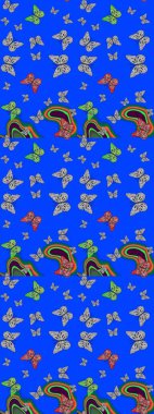 Mavi ve gri renkli resim. Mavi ve gri arka planda renkli kelebeğin çizim şekli. Karala, karala, karala. Raster..