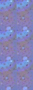 Çiçek süslemeli çizim deseni. Mor ve mavi renkte çiçekler. Raster illüstrasyonu.