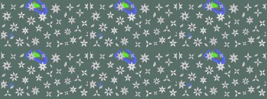 Suluboya elle çizilmiş çiçek desenli eskiz deseni. Parlak renkli fantezi çiçekleri, yapraklar, tarafsız ve gri renklerde tomurcuklar, nötr ve gri.