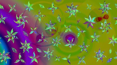 Hediye ambalaj kağıdı, tebrik kartları, posterler ve pankart tasarımı. Yeşil ve mor renkli çiçekler. Raster düz çiçek çizim deseni.