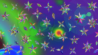 Bahar mevsimi. Mavi ve yeşil renkli çiçekler. Tatil havası. Raster güzel bir çiçek deseni çizmiş. Nazik romantik baskı.