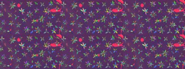 Raster Çiçek İllüstrasyonu 'nun şirin tekstili. Mor ve mor renkli etnik çiçeklerle zarif bir eskiz..