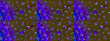 Raster Floral Illustration, Asyalı tekstil. Kahverengi ve menekşe renkleri üzerinde etnik çiçekler olan zarif eskiz deseni.