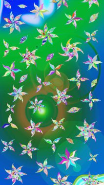 Raster illüstrasyonu. Çiçek desenli eskiz, darbeler, sıçramalar, yaz çiçekleri. Yeşil ve mavi renkte çiçekler.