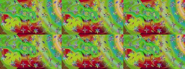 Çiçekli karalama şeklinde Raster çiçek deseni. Yeşil ve kırmızı renkte çiçekler. Yumuşak, bahar çiçekli arka plan.