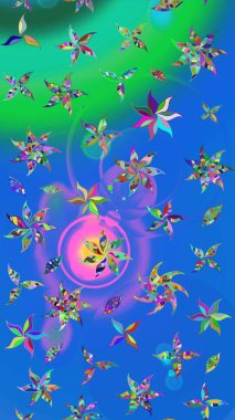 El çizimi çiçek unsurları olan soyut çizim raster deseni. Mavi ve yeşile mavi ve yeşil. 1950-1960 motifleri. Retro tekstil tasarım koleksiyonu. Çiçekli ipek eşarp..