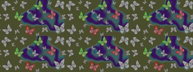 Yeşil renklerin çizimi. Kumaş, Tekstil, Baskı ve Davetiye için arka plan. Doğadaki güzellik. Watercolor Style 'da uçan kelebeklerle eskiz kalıbı. Raster illüstrasyonu.