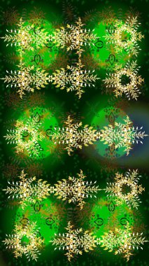 Yeşil, mavi ve sarı kar taneleri. Renkler. Raster illüstrasyonu. Noel ve yeni yıl moda baskıları için tatil tasarımı. Kar taneleri soyut arkaplan ile Noel sevimli arka plan.