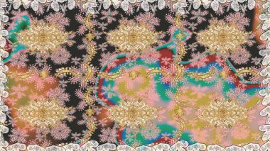 Çizgi sanatı tasarım şablonu için kusursuz sınır. Bej renklerde altın element. Davetiyeler, kartlar, web sayfası için Raster illüstrasyon. Altın desenli çiçek dekoru. Doğu tarzı ögesi.