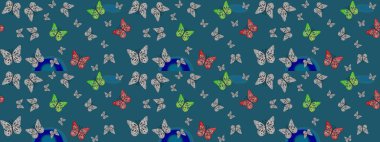 Kitap sayfaları için çiçek ormanlarında uçan güzel kelebekler. Mavi ve gri renkli resimler. Fantezi güzel illüstrasyon. Renkli desen. Raster illüstrasyonu.