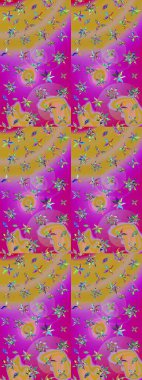 Raster - stok. Yapraklı çiçekler ve morumsu çiçekli papatya çayı ve sarı renkler. Taslak arkaplan deseni.