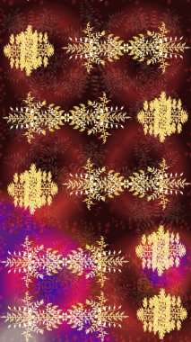 Renkler. Raster illüstrasyonu. Kahverengi, kırmızı ve mor kar taneleri. Noel ve yeni yıl moda baskıları için tatil tasarımı. Kar taneleri soyut arkaplan ile Noel sevimli arka plan.