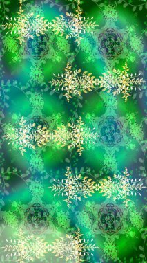 Raster illüstrasyonu. Noel ve yeni yıl moda baskıları için tatil tasarımı. Kar tanelerinin soyut arkaplanlı Noel şablonu. Yeşil, mavi ve nötr renkler.