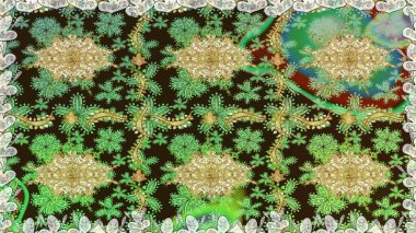 Klasik klasik klasik arka plan. Yeşil renklerde, altın elementlerle kusursuz desen. Klasik raster sarısı, kusursuz desen. Geleneksel oryantasyon süsü.