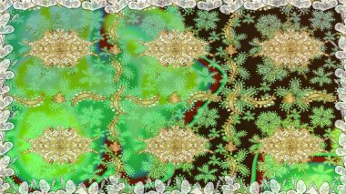 Altın elementlerle yeşil renklerde altın desen. Geleneksel oryantasyon süsü. Klasik klasik klasik arka plan. Kusursuz klasik raster altın desenli.