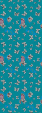 Kelebekli çizim şekli. Raster renkli sonsuz doku. Bahar ve yaz tasarımı için renkli bir arkaplan. El çizimi illüstrasyon.