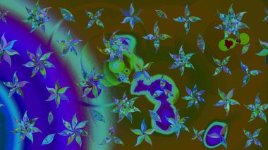 Raster illüstrasyonu. Yumuşak, bahar çiçekleri kahverengi ve mavi renklerde. Raster deseni. Patlayan çiçekler soyut yerleştirilmiş.