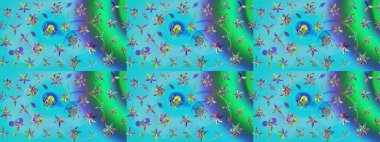 Tekstil için suluboya eskiz deseni. El çizimi çiçek çizimi deseni (fayans). Şirin çiçekleri, desenleri, mavi ve yeşil renkleri olan renkli çizim deseni.