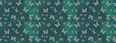 Mavi ve yeşil renklerdeki soyut sevimli kelebek. Eskiz kalıbı arka planı. Raster illüstrasyonu. Basit bir şekilde.