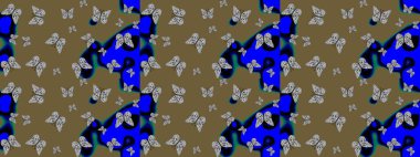 Simple feminine pattern for invitation, card, print. Flying butterfly linen theme Raster art. Contrast sketch butterfly cloth template on brown and blue. Repeating insect fabric clipart for garments.