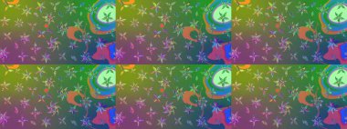 Raster illüstrasyonu. Yeşil ve mavi renklerde. Çiçekli güzel suluboya desen.