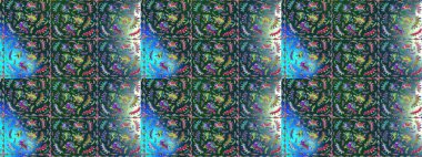 Raster illüstrasyonundaki çiçek desenli çizim. Çiçekler suluboya tarzında mavi, yeşil ve nötr renklerde.