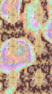 Raster soyut çiçek çelengi altın karalama fantezi yaprakları ve tarafsız renklerde çiçek. El yapımı dekoratif çerçeve, albüm kapağı, tebrik kartı, klasik Art deco tarzı.