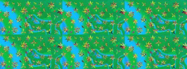 Bahar mevsimi. Raster güzel bir çiçek deseni çizmiş. Yeşil ve mavi renkte çiçekler. Tatil havası. Nazik romantik baskı.
