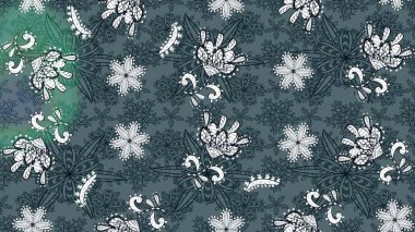 Miles Fleur, süslü püslü bir süs. Tomurcukları papatya çiçekleri olan sevimli bir çiçek deseni. Kumaş, tekstil, duvar kağıdı baskısı için. Eski usul. Raster illüstrasyonu. Taslak arkaplan.