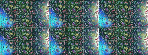 Raster illüstrasyonundaki çiçek desenli çizim. Çiçekler suluboya tarzında mavi, yeşil ve nötr renklerde.