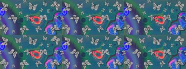 Spring and summer tropical butterfly sketch pattern in blue and green colors. Raster illustration. Suitable for fabric, paper, packaging. Butterfly shadows and silhouettes.