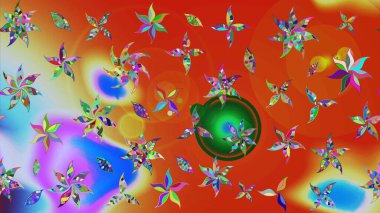 Asya tekstil tarzında. Çiçekler turuncu ve kırmızı renklerde. Raster illüstrasyonu. Raster illüstrasyonu. Çiçek desenini çiz.