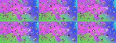 Hediye ambalaj kağıdı, tebrik kartları, posterler ve pankart tasarımı. Mor ve yeşil renkte çiçekler. Raster düz çiçek çizim deseni.