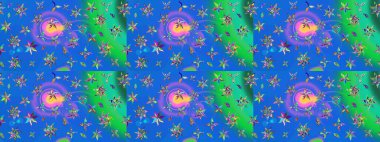 Mavi ve yeşil renkler üzerine çiçek desenli eskiz, el yapımı papatyalar, papatyalar. Tekrarlayan çiçek arkaplanı, zarif mavi ve yeşil çiçek duvar kağıdı.