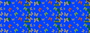 Moda sevimli kumaş tasarımı. Raster illüstrasyonu. Mavi ve gri arka planda güzel renkli kelebeklerin Raster vintage el çizimi.