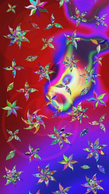 Çiçeksel fantezi tasarımı ve parlak bir arka plan çizimi. Düz Çiçek Elementleri Tasarımı. Renkli Bahar Teması çizim şablonu.