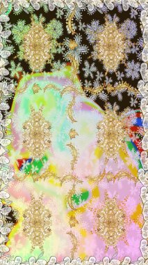 Klasik klasik klasik arka plan. Tarafsız renklerde, altın elementlerle kusursuz desen. Raster illüstrasyonu. Kusursuz klasik raster altın desenli. Geleneksel oryantasyon süsü.