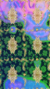 Süslü dekorasyon. Damask altın soyut çiçek deseni mavi renkte. Raster illüstrasyonu.