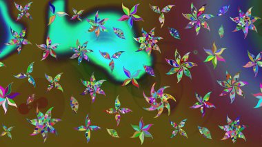 Düz Çiçek Elementleri Tasarımı. Raster Illustrasyon 'daki Çiçek Deseni' nin son moda çizimi. Yeşil ve kahverengi renkli çiçekler. Renkli Yaz Teması çizim şablonu.