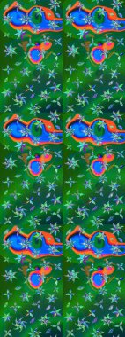 Çiçek süslemeli çizim deseni. Raster illüstrasyonu. Yeşil ve mavi renkte çiçekler.