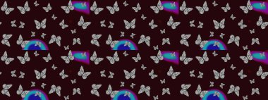 Spring butterfly theme. Raster illustration. Repeating insect fabric clipart for clothing fabric. Lovely sketch butterfly cloth background on brown and gray. Endless. Sketch, doodle, scribble.