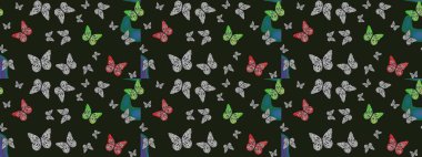 Çizim, karalama, karalama. Kelebekli soyut çiçek arkaplanı çiz. Moda Kumaşı Tasarımı. Raster. Sonsuz.