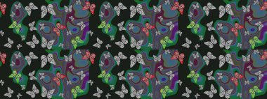 Yazdırmayı tekrarla. Raster illüstrasyonu. Gri ve yeşil soyut suluboya kelebekleri olan yumuşak bir deniz mavisi deseni. Sonsuz.