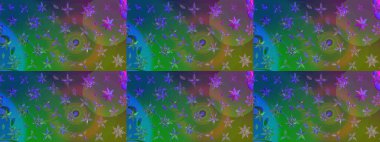 Çocuksu tasarım. Yeşil ve mavi arka planda. Tekstil, kumaş, ambalaj, hatıra defteri için hoş bir çiçek arkaplanı. Elle çizilmiş karalama çiçekleri ile Raster çizim deseni.