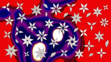 Kırmızı ve mavi renkte çiçekler. Çiçek desenli çizim. Asya tekstil tarzında. Raster illüstrasyonu. Raster illüstrasyonu.