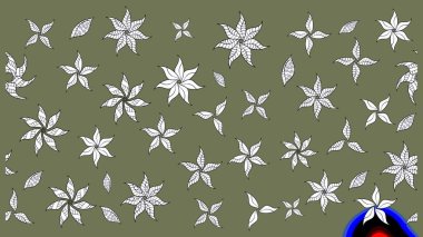 In asian textile style on green and white colors. Floral sketch pattern with watercolor flowers. Raster illustration.