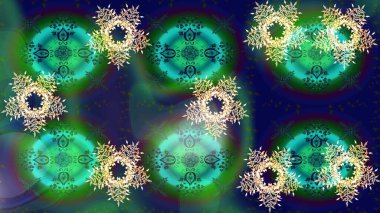 Noel ve yeni yıl moda baskıları için tatil tasarımı. Yeşil, mavi ve gri renkler. Raster illüstrasyonu. Kar tanelerinin soyut arkaplanlı Noel deseni.