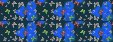 Raster illüstrasyonu. Duvar kağıdı için böcek dokusunun tekrarı. Mavi ve gri lekeli güzel bir kelebek kumaşı. Bahar Kelebeği şirin tema.