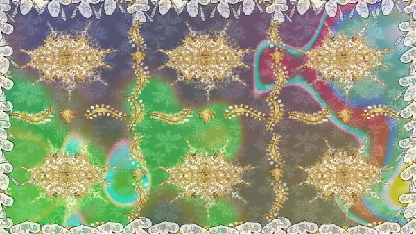 Tarafsız renklerde altın rengi ve altın elementler üzerinde altın pürüzsüz desen. Noel, kar tanesi, yeni yıl. Tarafsız renklerde, altın elementlerle kusursuz bağ dokusu.