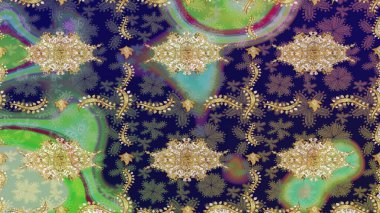 Altın şablon. Klasik çiçek dokusu. Eskiz kalıbı altın elementler. Gri renkli Royal retro. Kart, duvar kağıdı, ambalaj ve tekstil için klasik tasarım. Raster illüstrasyonu.